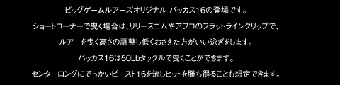 ビッグゲームルアーズオリジナル バッカス16の登場です。ショートコーナーで曳く場合は、リリースゴムやアフコのフラットラインクリップで、ルアーを曳く高さの調整し低くおさえた方がいい泳ぎをします。バッカス16は50Lbタックルで曳くことができます。センターロングにでっかいビースト16を流しヒットを勝ち得ることも想定できます。