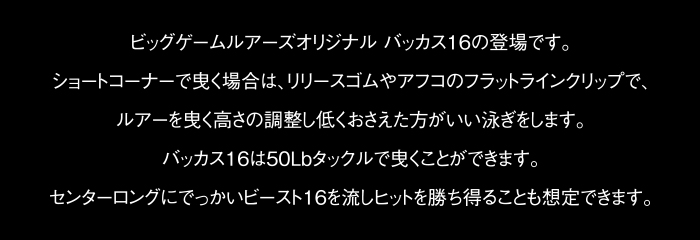 ビッグゲームルアーズオリジナル バッカス16の登場です。ショートコーナーで曳く場合は、リリースゴムやアフコのフラットラインクリップで、ルアーを曳く高さの調整し低くおさえた方がいい泳ぎをします。バッカス16は50Lbタックルで曳くことができます。センターロングにでっかいビースト16を流しヒットを勝ち得ることも想定できます。
